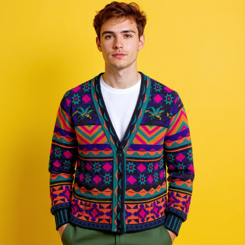 Vintage 80s 90s multicolor geometric 3d pattern 50% wool Cardigan - Size M/L