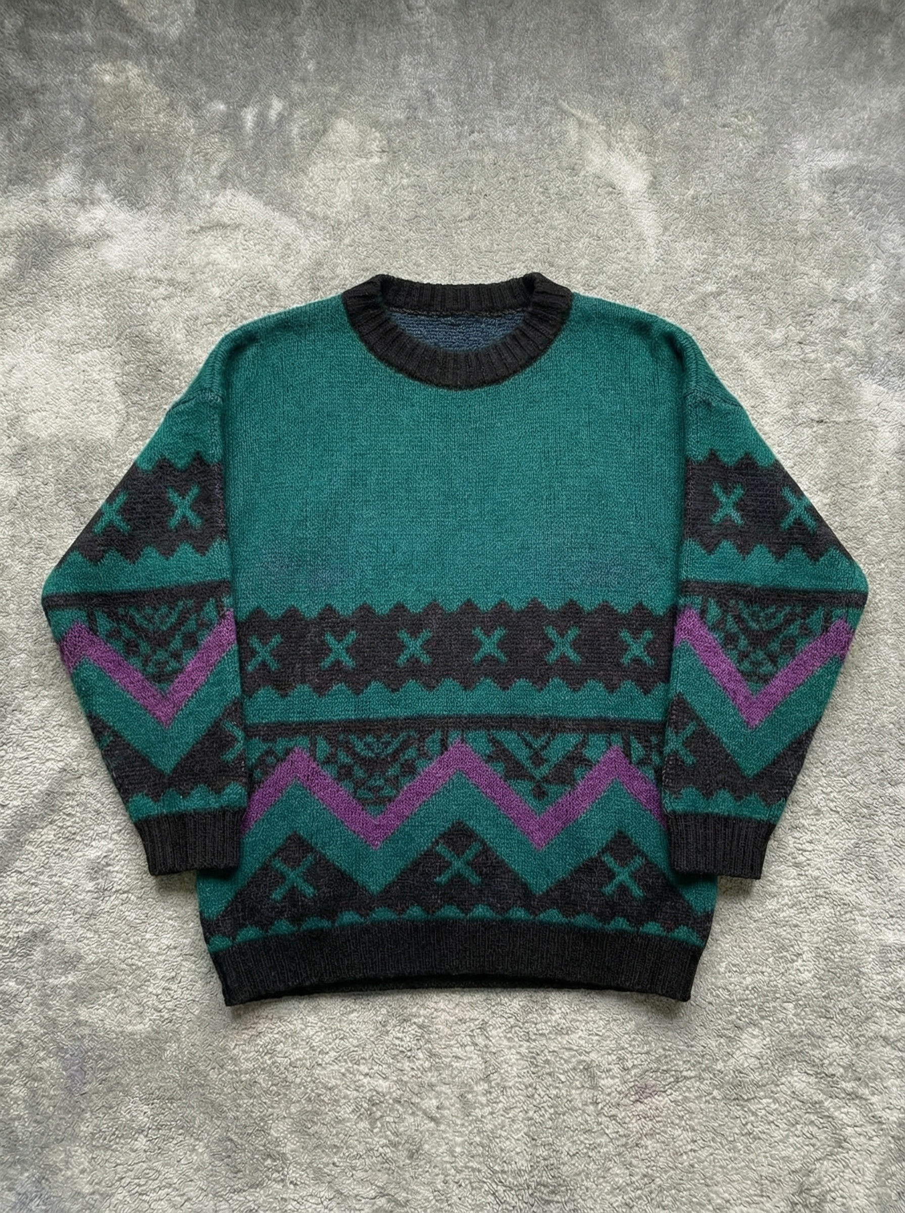 Vintage 80s 90s dark green abstract 100% wool Sweater - Size XL