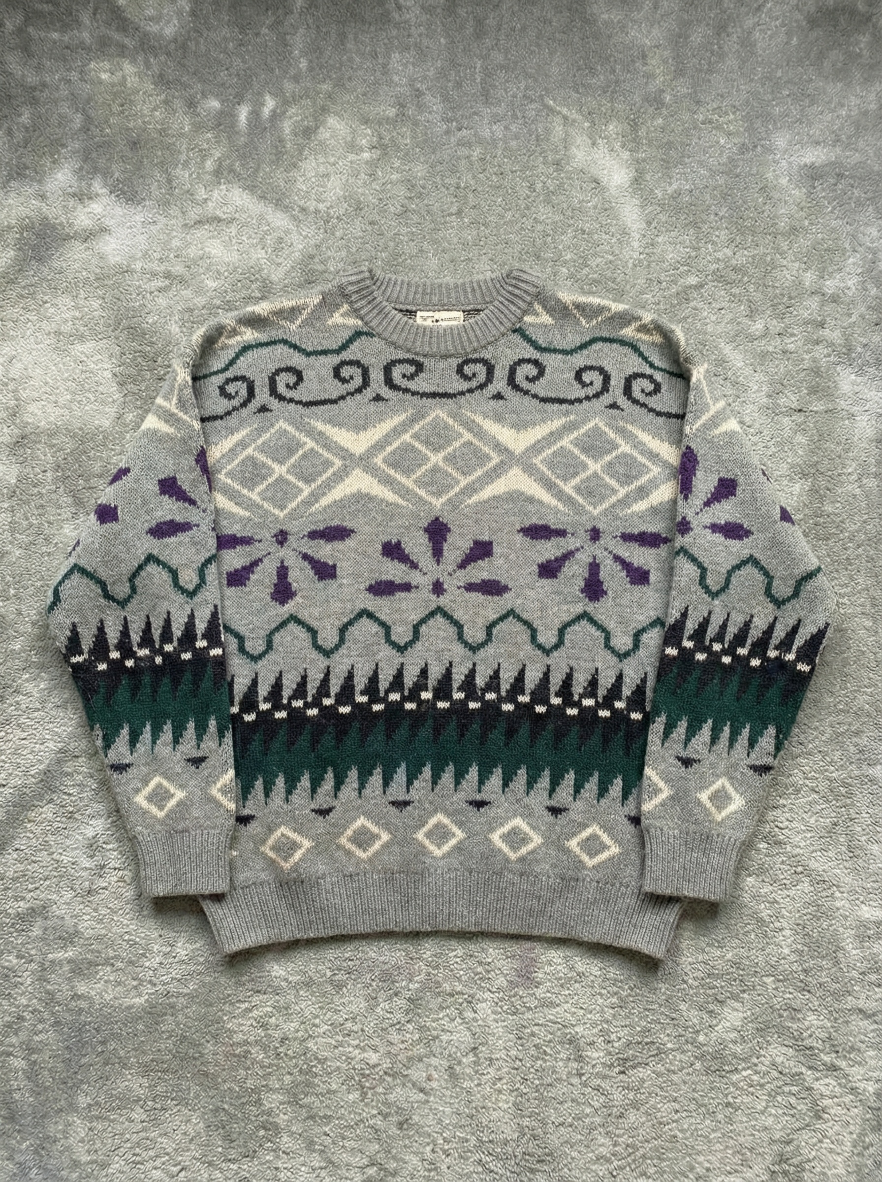 Vintage 90s grey abstract 100% wool Rifle Sweater - Size L
